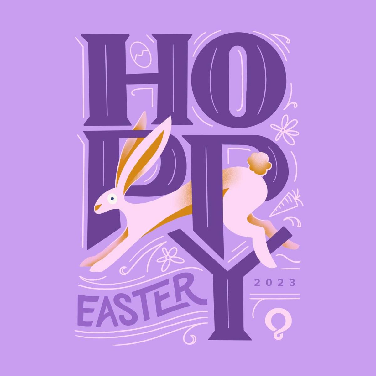 Hand illustrated text that reads "Hoppy Easter" with a rabbit intertwined with the two P's in Hoppy.